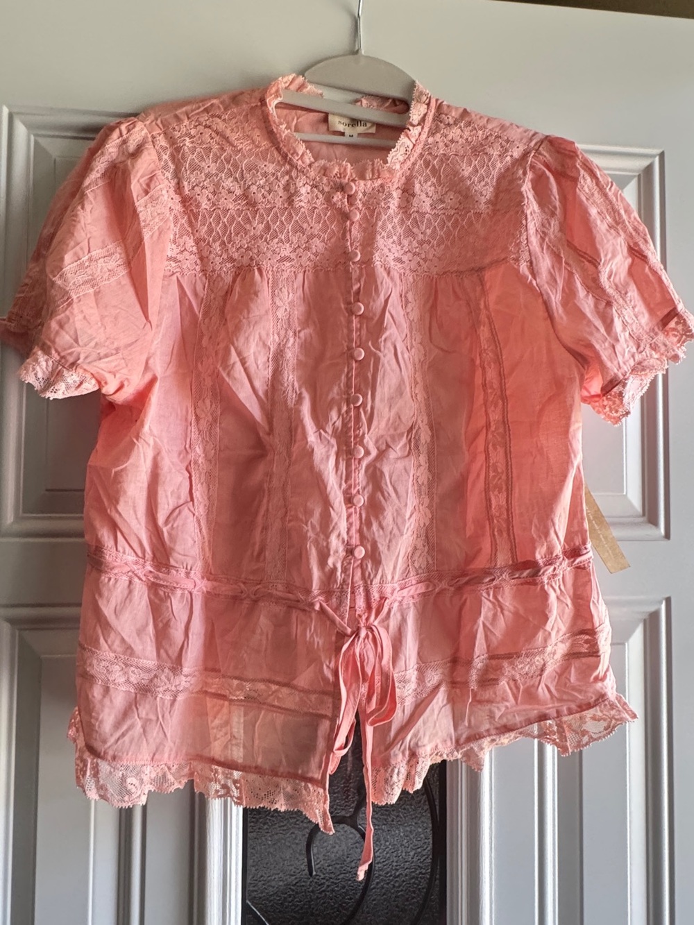 Sorel Coral Pink Lace-Yoke Button Front Top